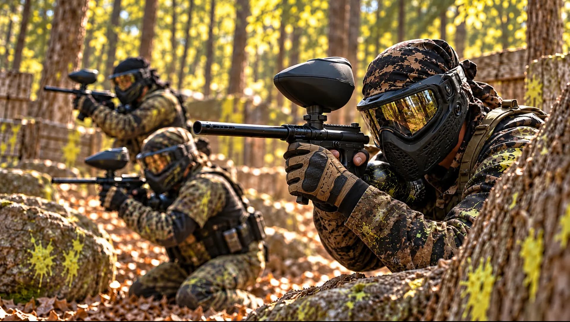 Paintball players taking cover behind trees in a woodland game