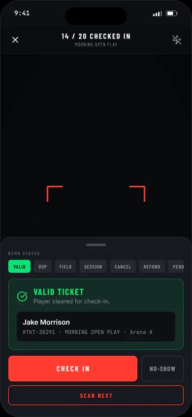 Staff scanning a player's QR ticket with the TACPLAY app