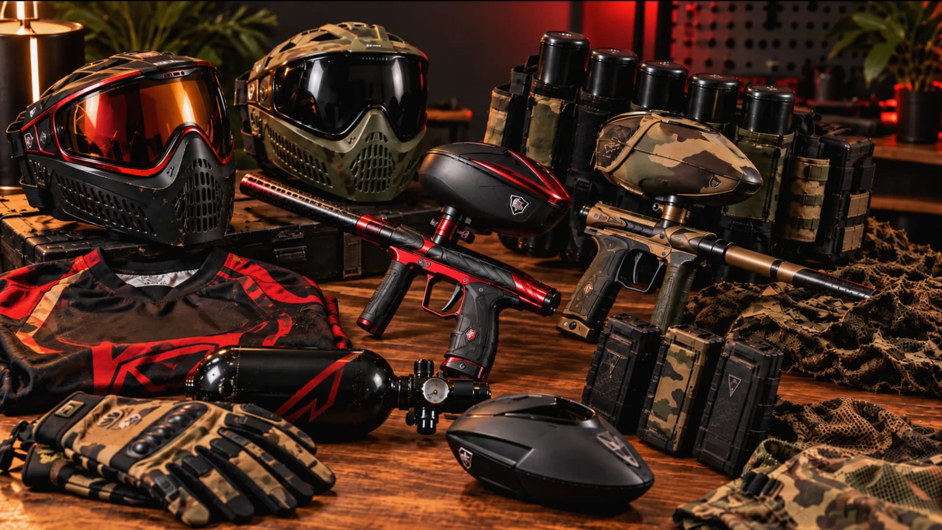 Used paintball gear laid out for sale: markers, masks, loaders, gloves and air tanks