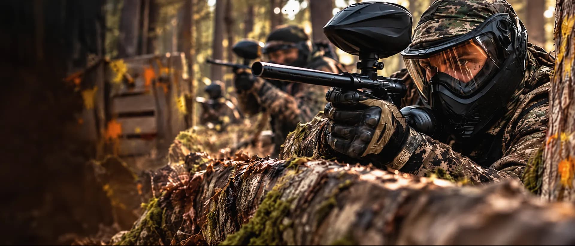 Paintball player in a full-face mask aiming from cover