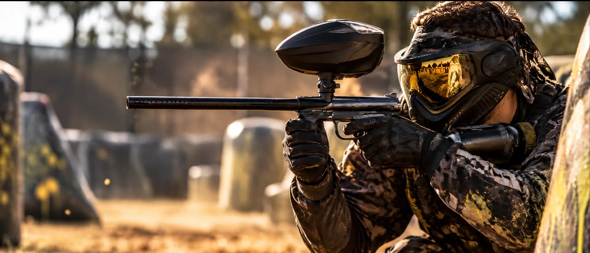 Paintball player aiming a marker from behind a bunker