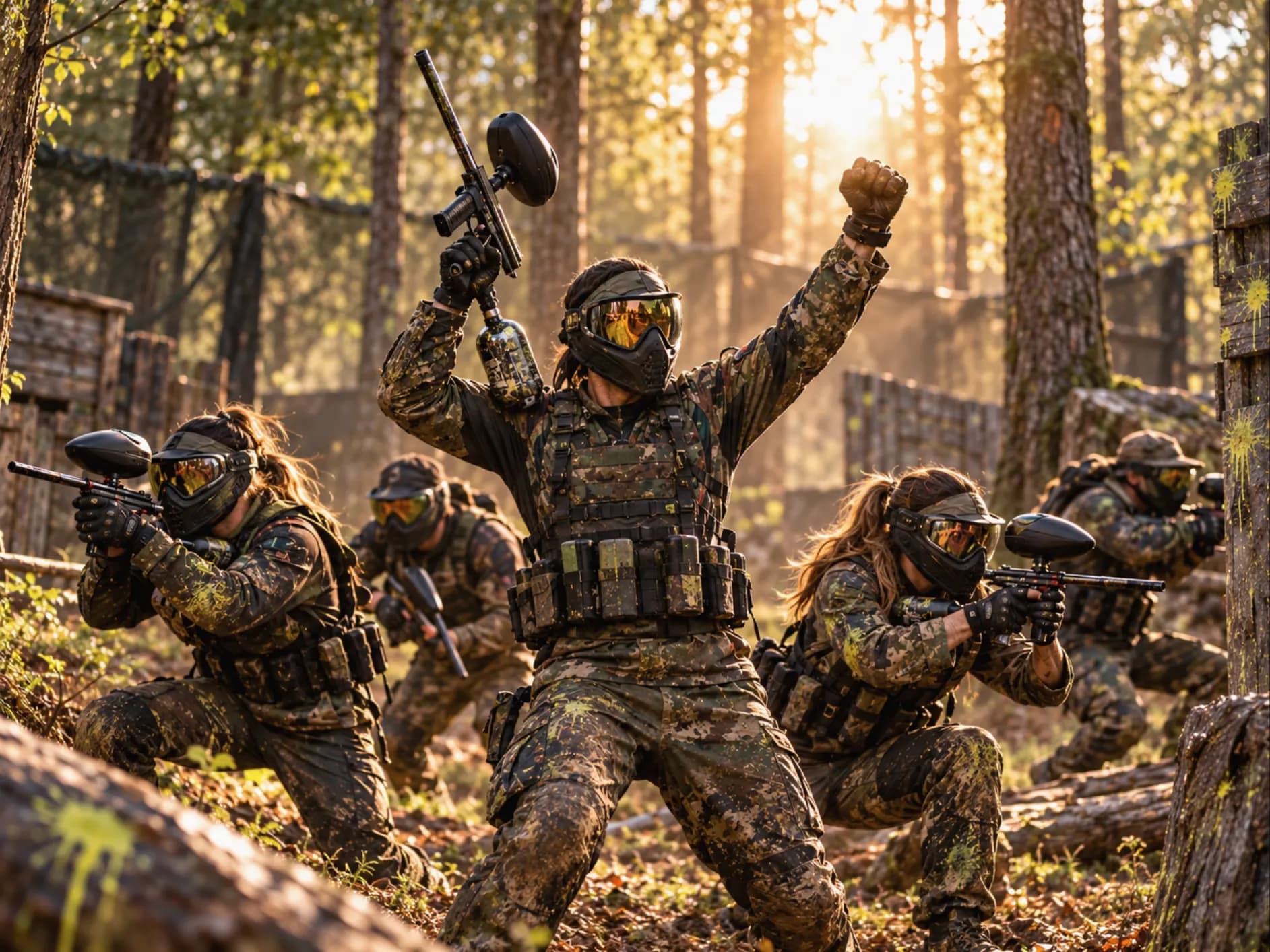 Paintball squad celebrating together in a woodland field