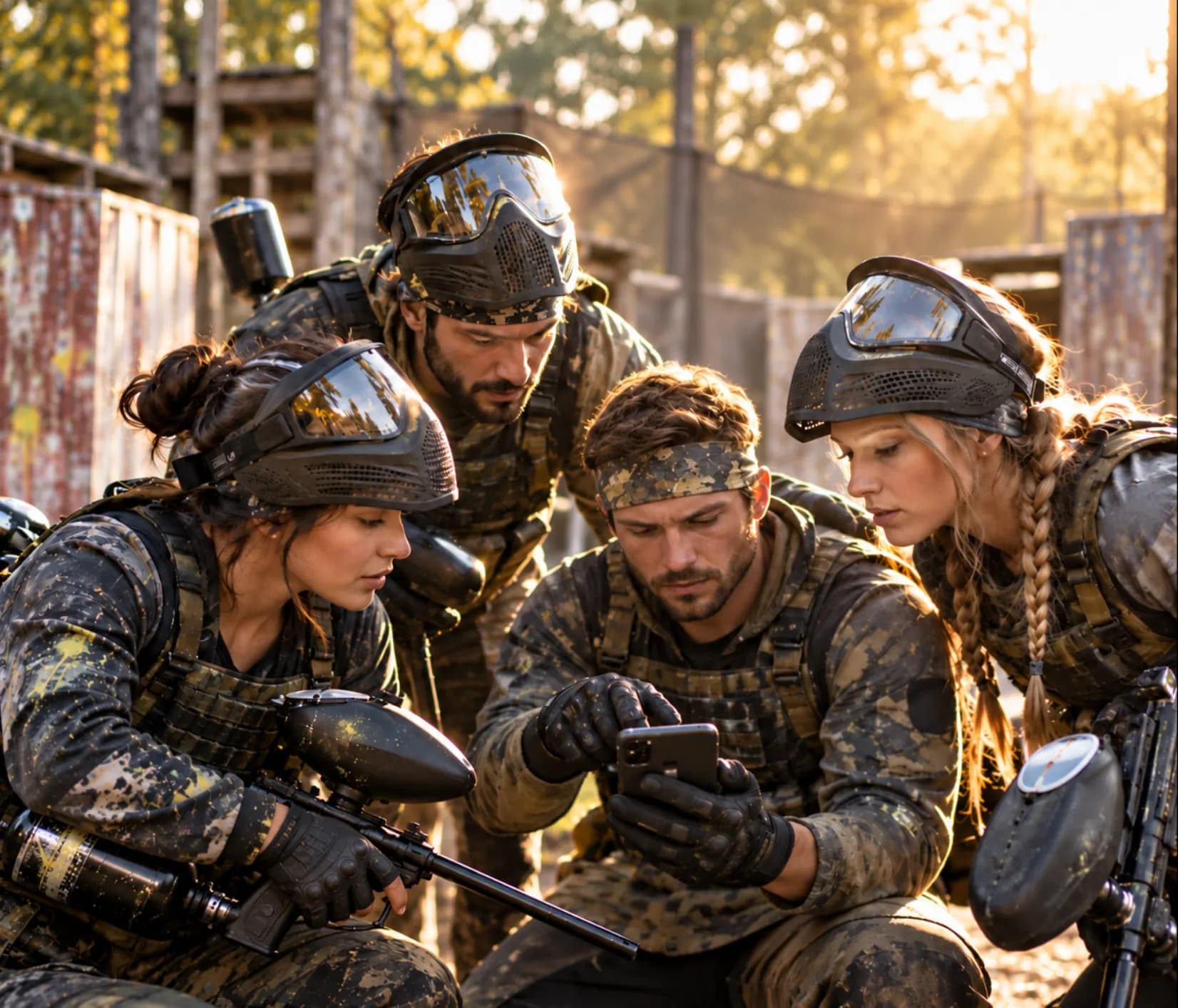 Paintball players gathered around a phone planning their next game
