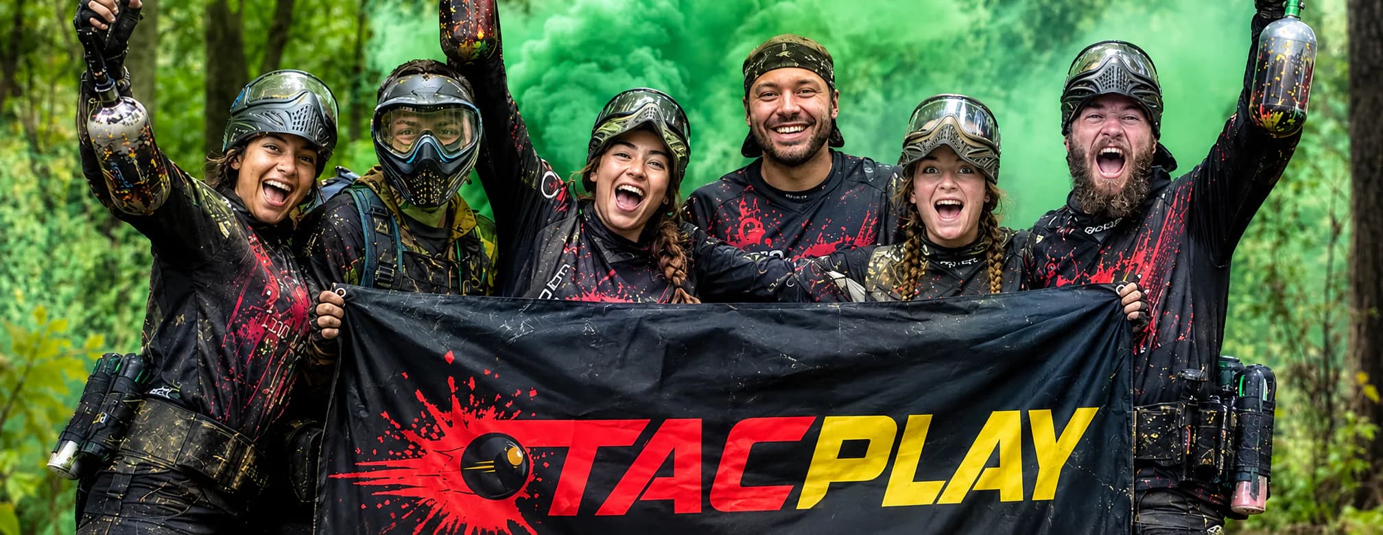 Group of players celebrating after a paintball party