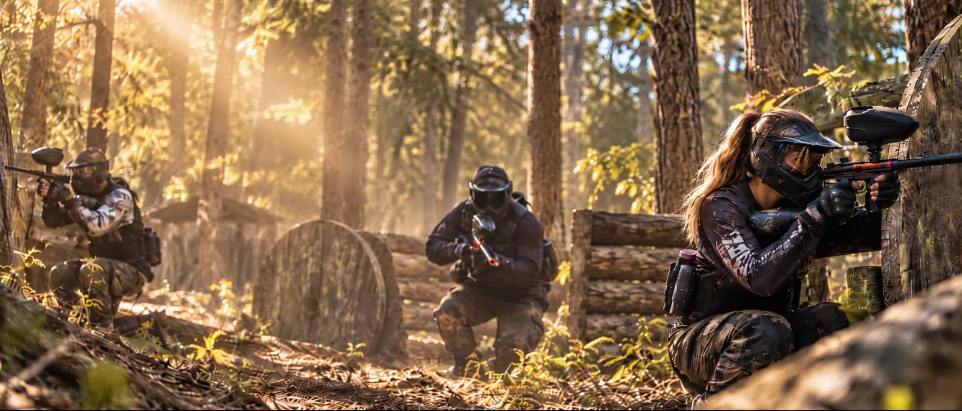 Paintball team playing woodsball in a sunlit forest