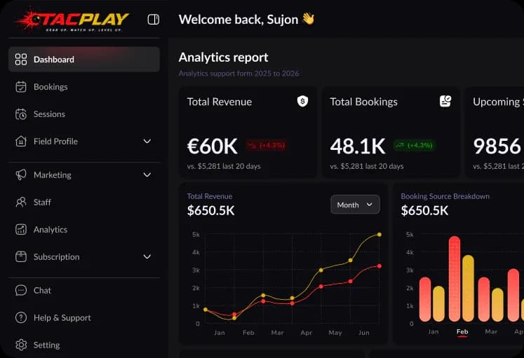 TACPLAY field owner dashboard with bookings and revenue